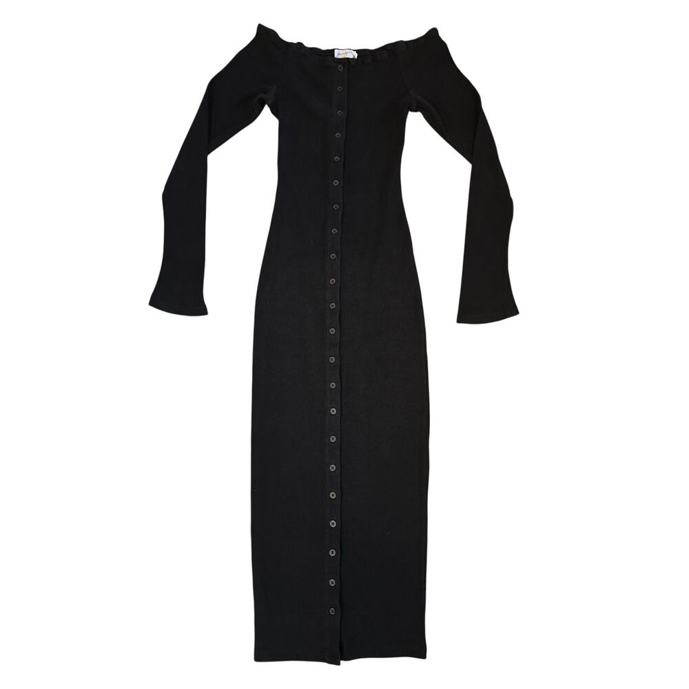 The Line by K Black Gaby Ribbed Button Front Midi Dress Size S Long Sleeve